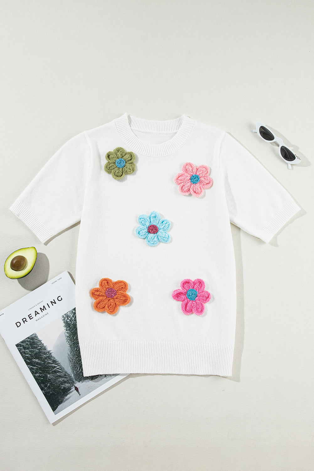 Flower Round Neck Short Sleeve Sweater ships 1-2 weeks