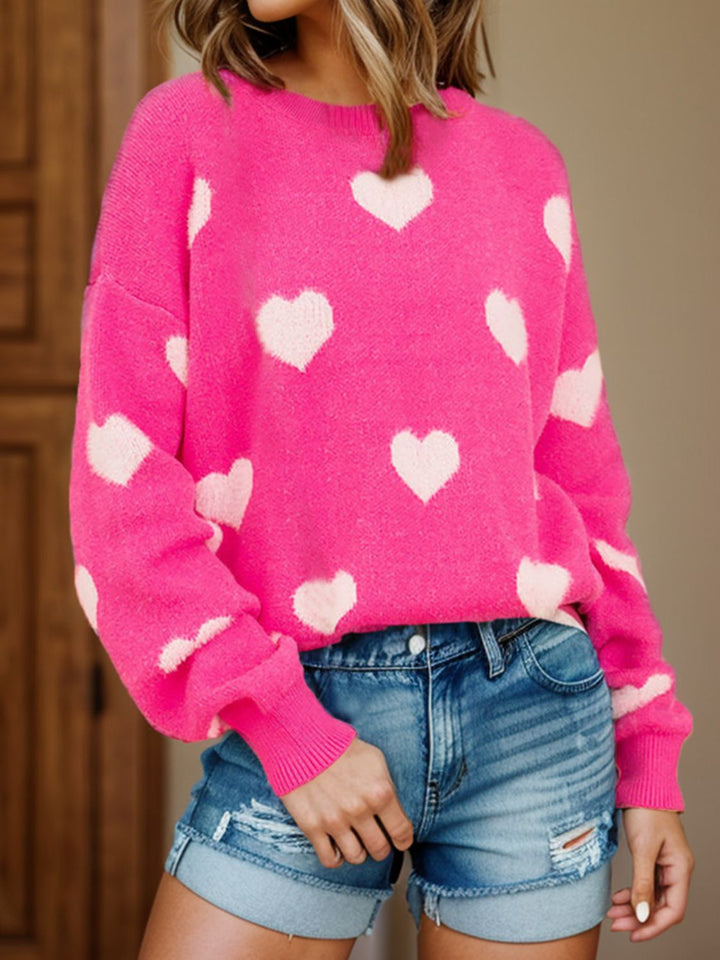 Heart Round Neck Dropped Shoulder Sweater (ships 1-2 weeks)