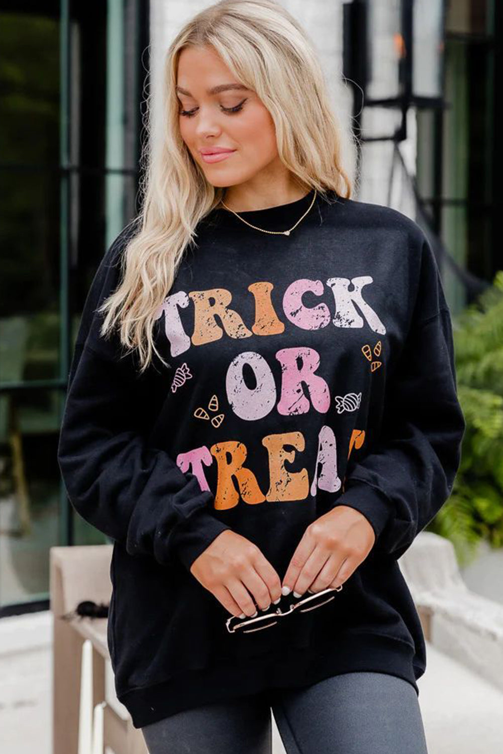 Black Halloween TRICK OR TREAT Graphic Crewneck Sweatshirt(ships 2-3 weeks)