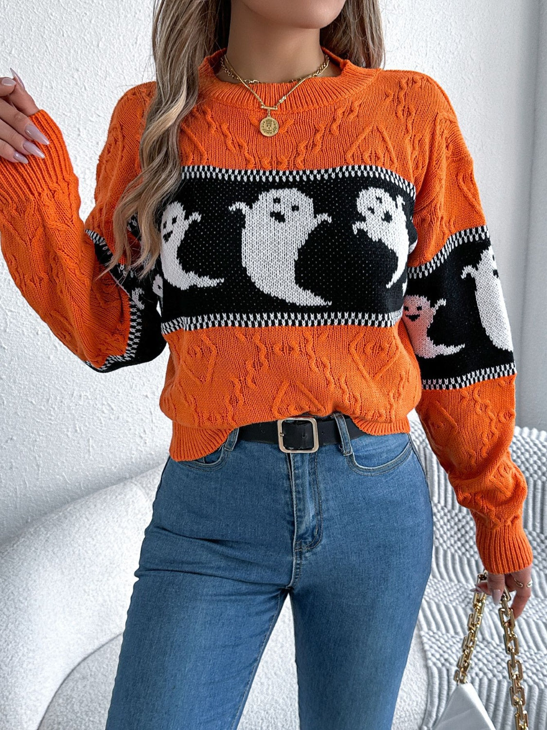 Ghost Round Neck Long Sleeve Sweater ships 2-3 weeks