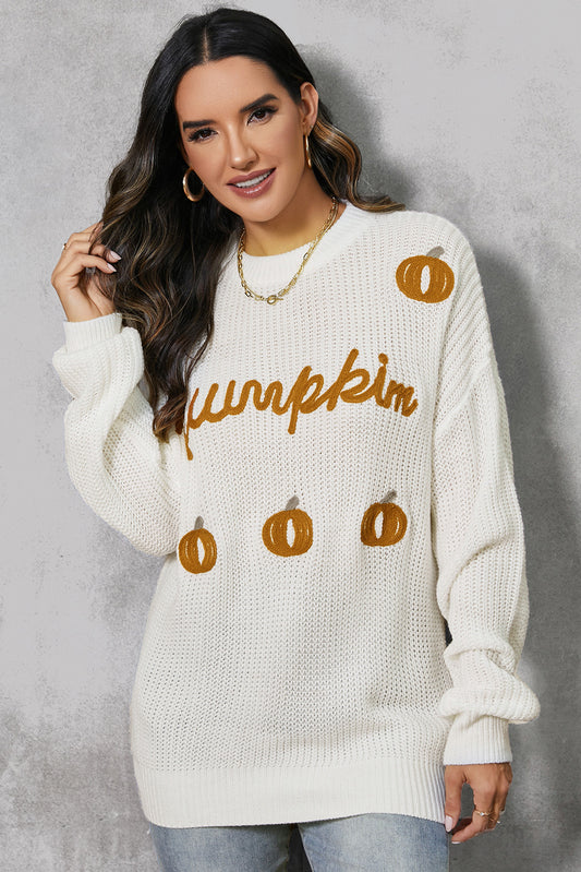 Pumpkin Embroidery Long Sleeve Sweater (ships in 2 weeks)