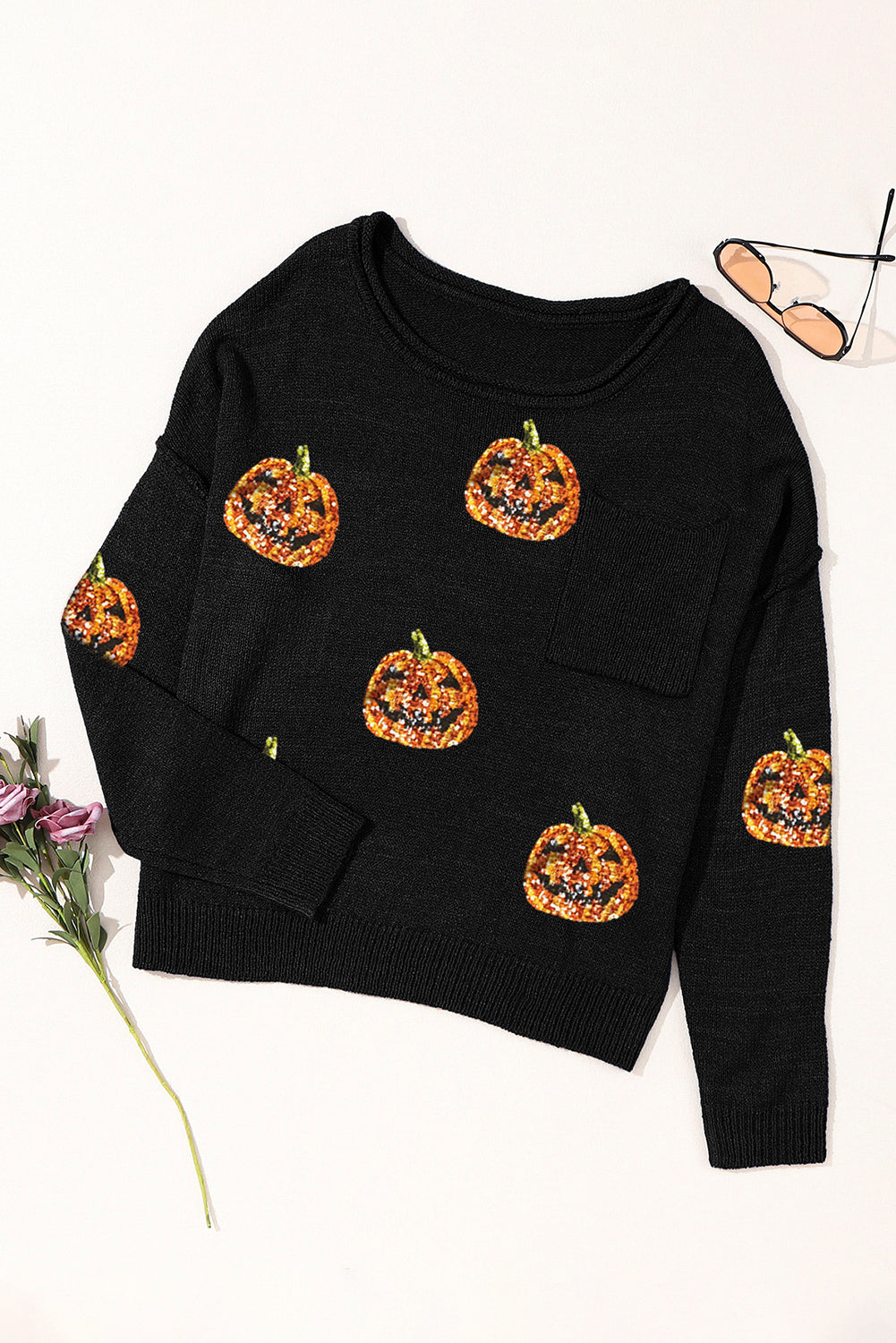 Pumpkin Round Neck Long Sleeve Knit Top ships 2-3 weeks