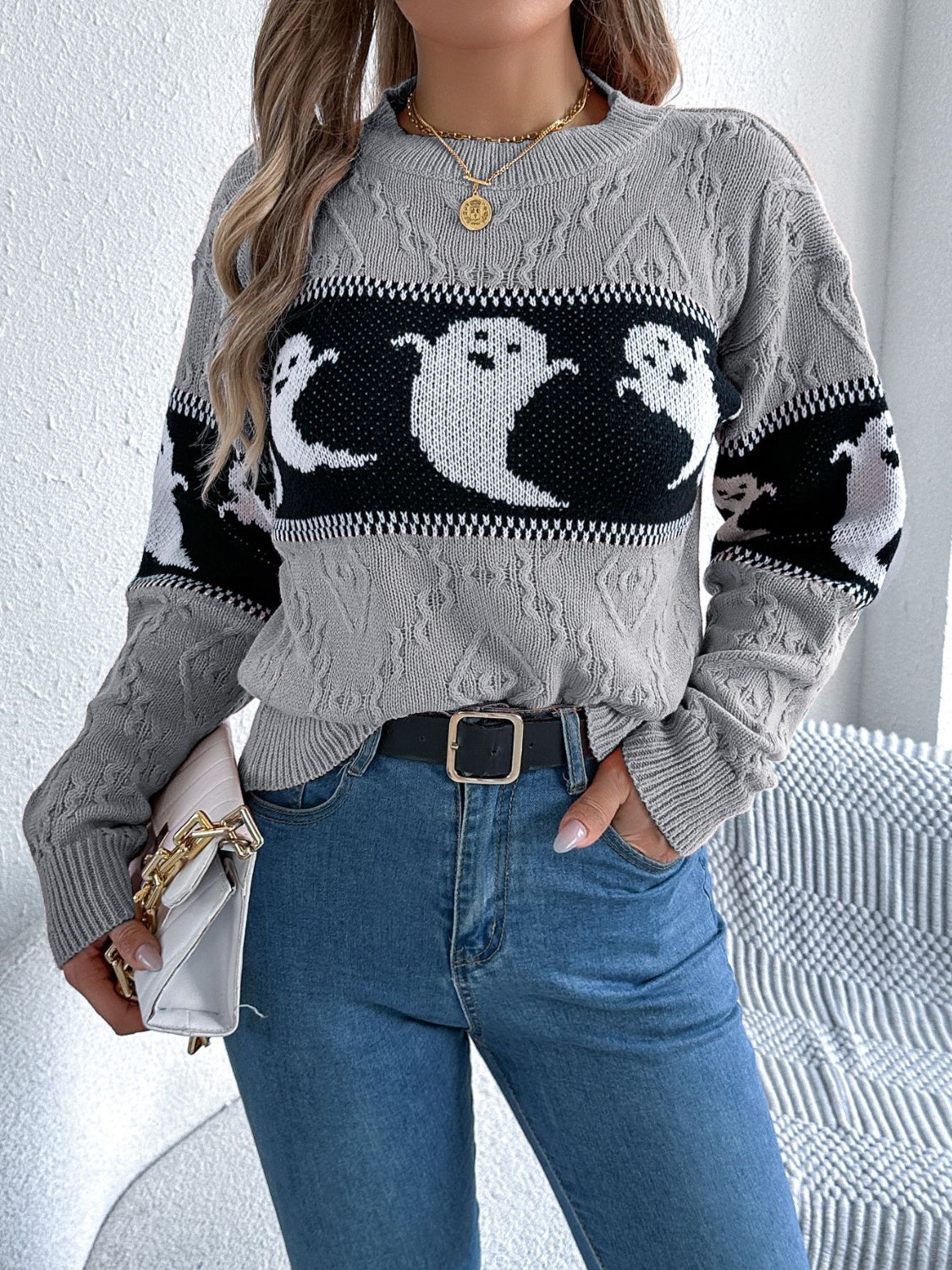 Ghost Round Neck Long Sleeve Sweater ships 2-3 weeks