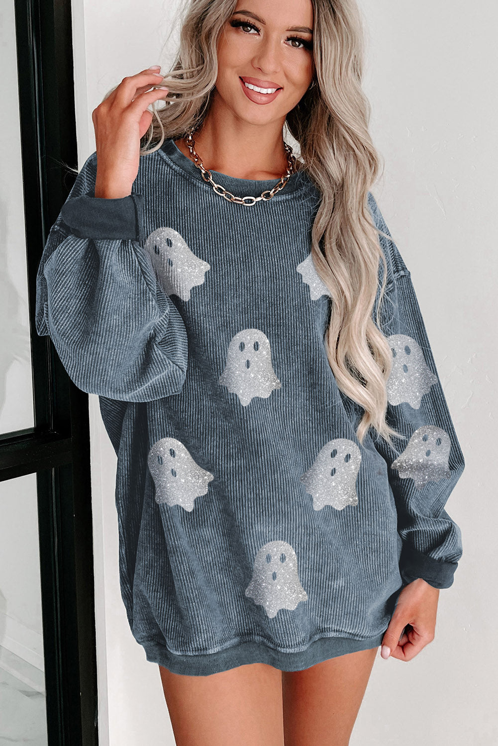 Halloween Ghost Corded Crew Neck Loose Sweatshirt Ships 2-3 weeks