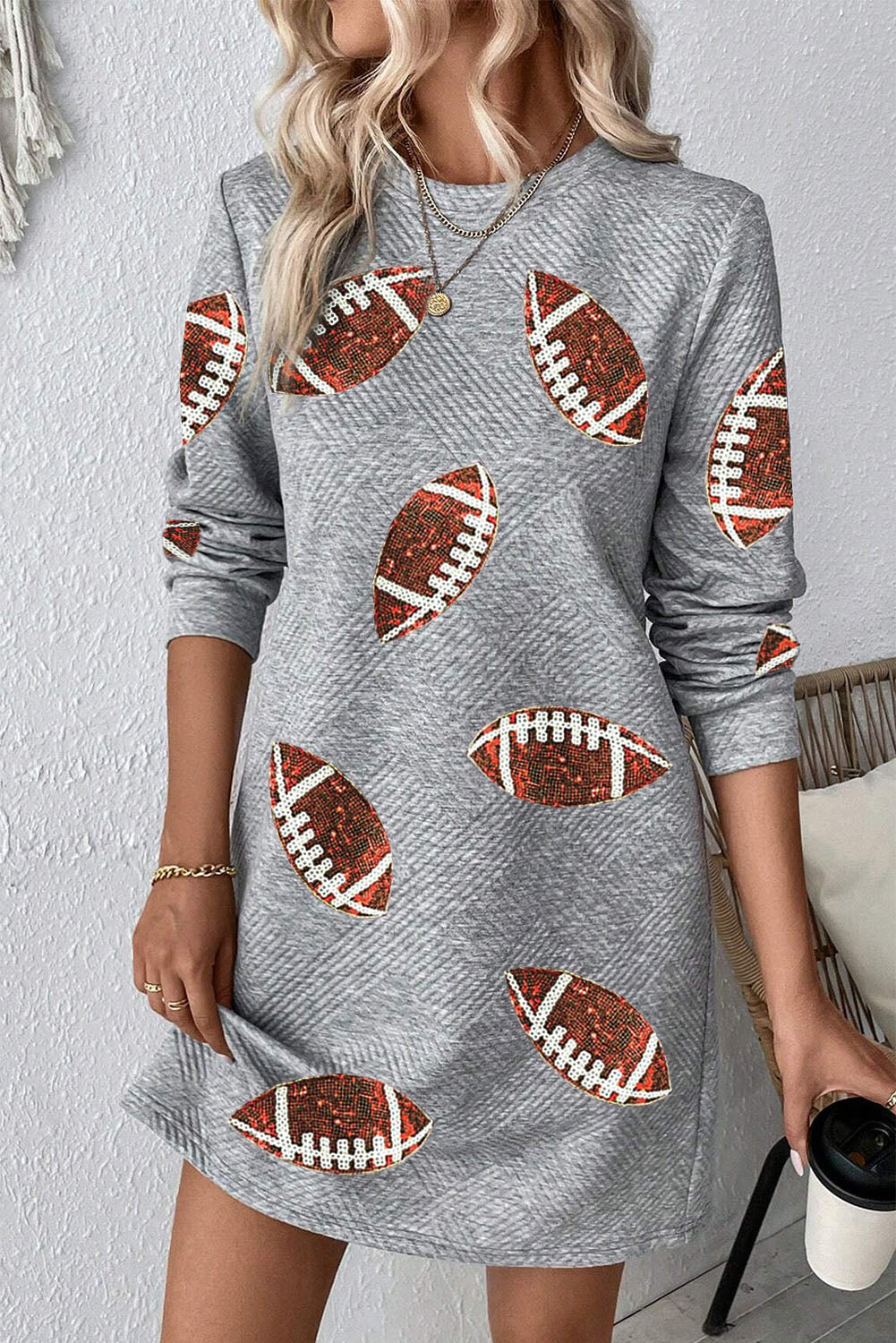 Gray Sequin Rugby Graphic Round Neck Textured Mini Dress (ships 2 weeks)