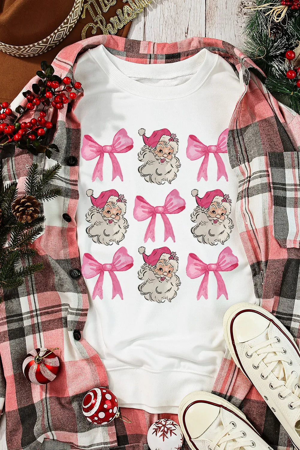 Santa & Bow Graphic Long Sleeve Sweatshirt (ships 2-3 weeks)