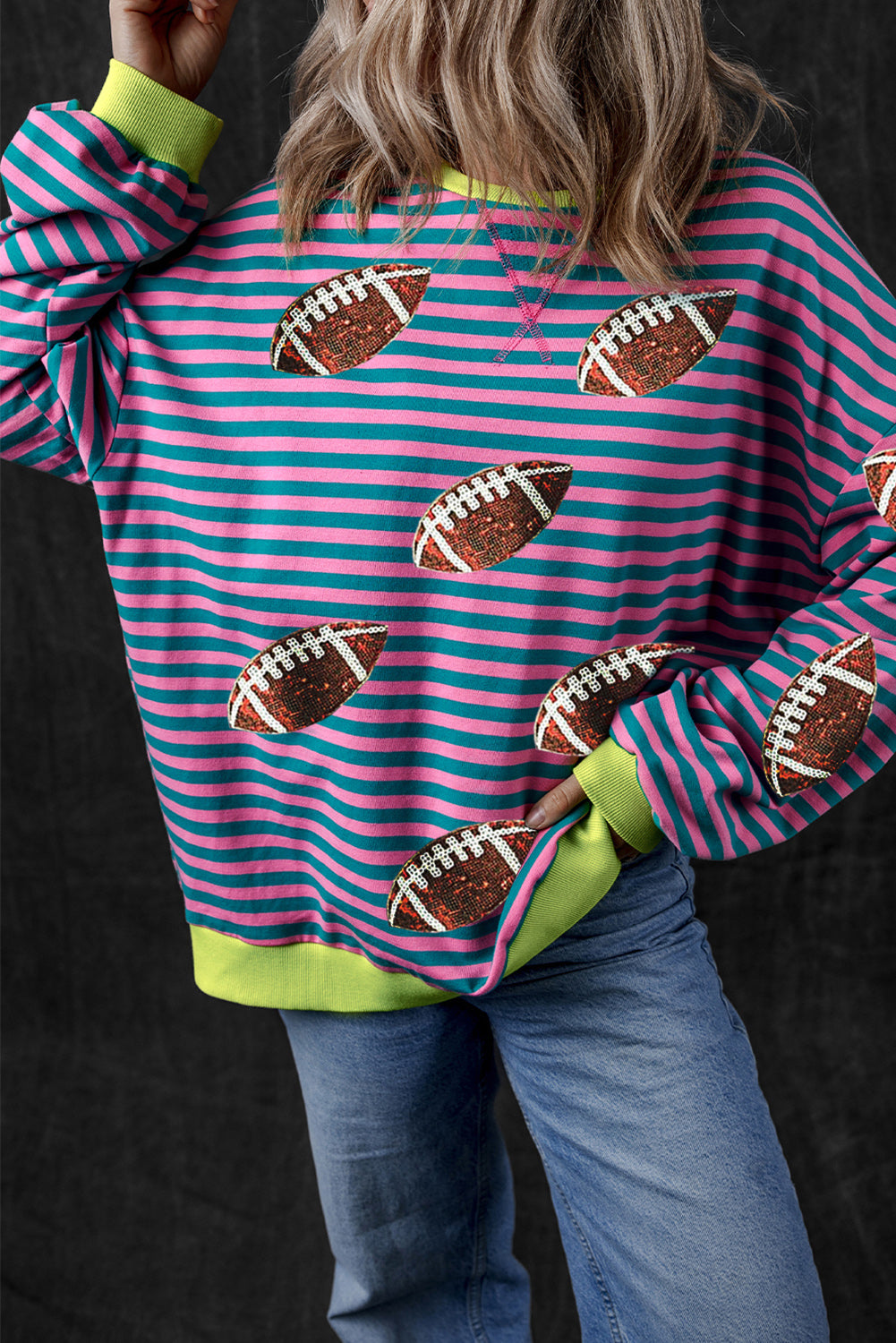 Green Stripe Game Day Sequin Rugby Graphic Colorblock Edge Sweatshirt(ships 2-3 weeks)