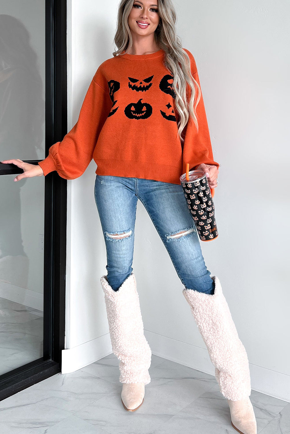 Orange Halloween Pumpkin Jack-O-Lantern Sweater ships 2 weeks