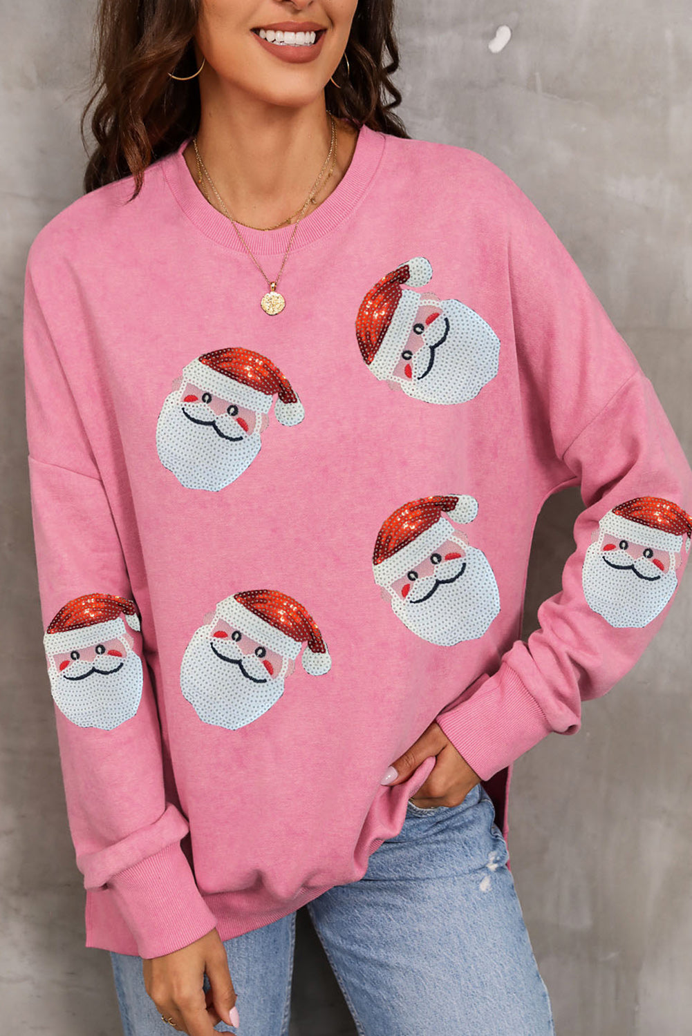 Pink Sequined Santa Clause Graphic Split Sweatshirt ships 2-3 weeks