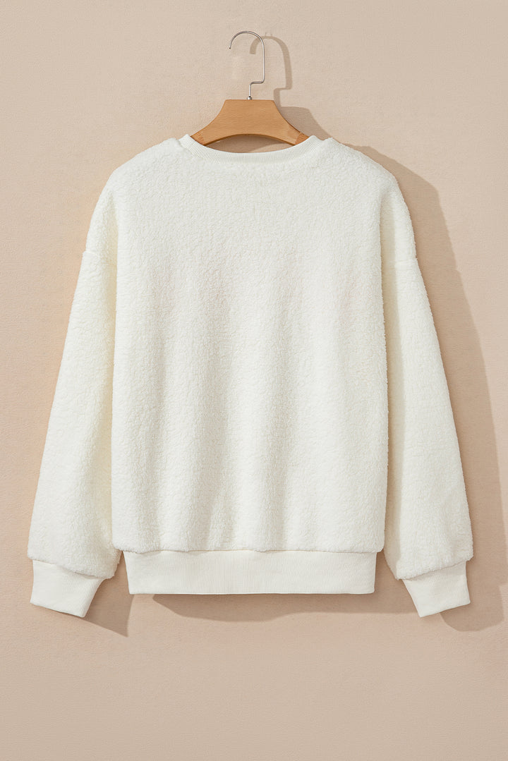 HOWDY Patched Round Neck Sherpa Sweatshirt (ships 1-2 weeks)