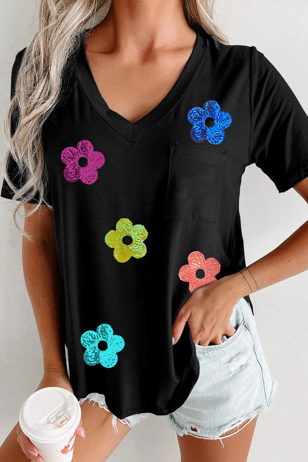 Sequin Flower V-Neck Short Sleeve T-Shirt ships 2 weeks