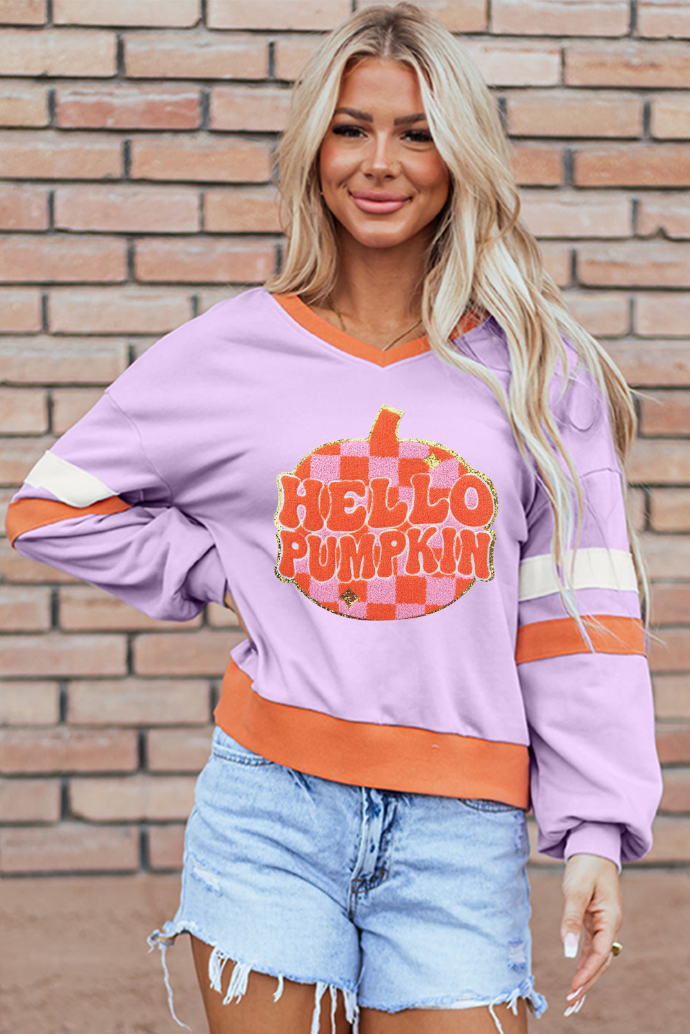 Orchid Bouquet HELLO PUMPKIN Chenille Patch Graphic V Neck Sweatshirt ships 2-3 weeks