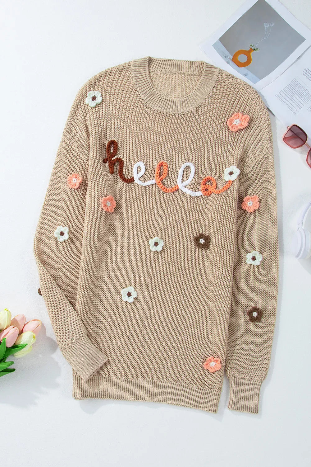 Flower Round Neck Long Sleeve Sweater ships 2 weeks