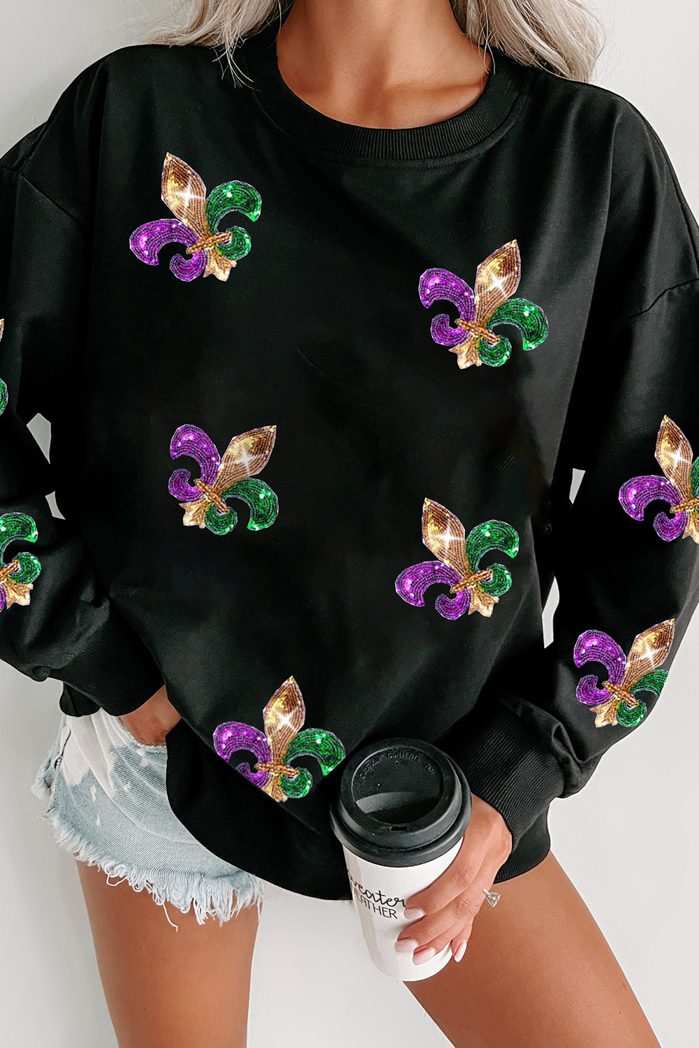 Sequin Mardi Gras Round Neck Dropped Shoulder Sweatshirt(ships 1-2 weeks)