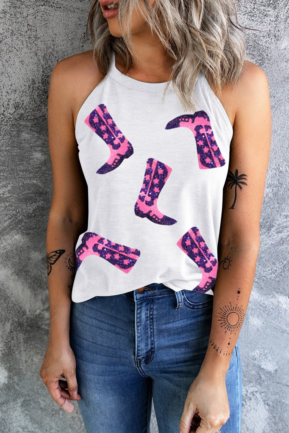 Sequin Boots Print Round Neck Tank ships 1-2 weeks