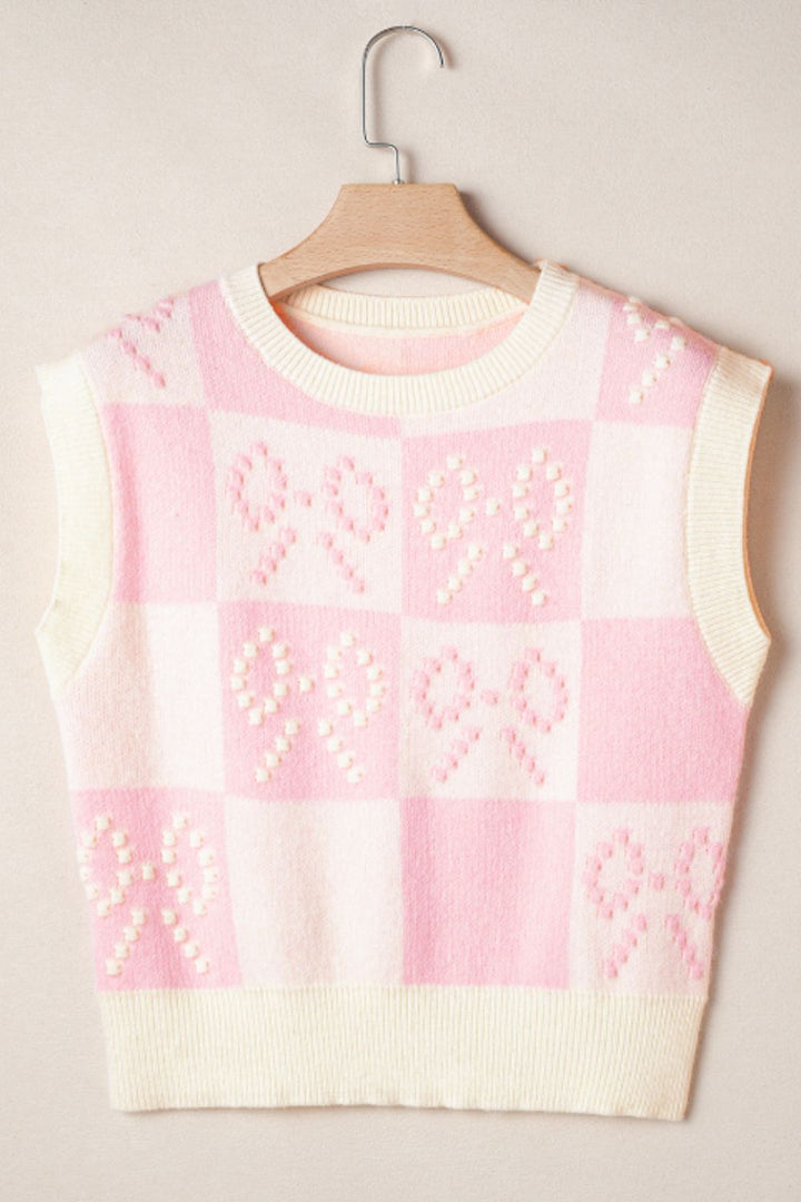 Bow Checkered Round Neck Sweater Vest (ships 1-2 weeks)