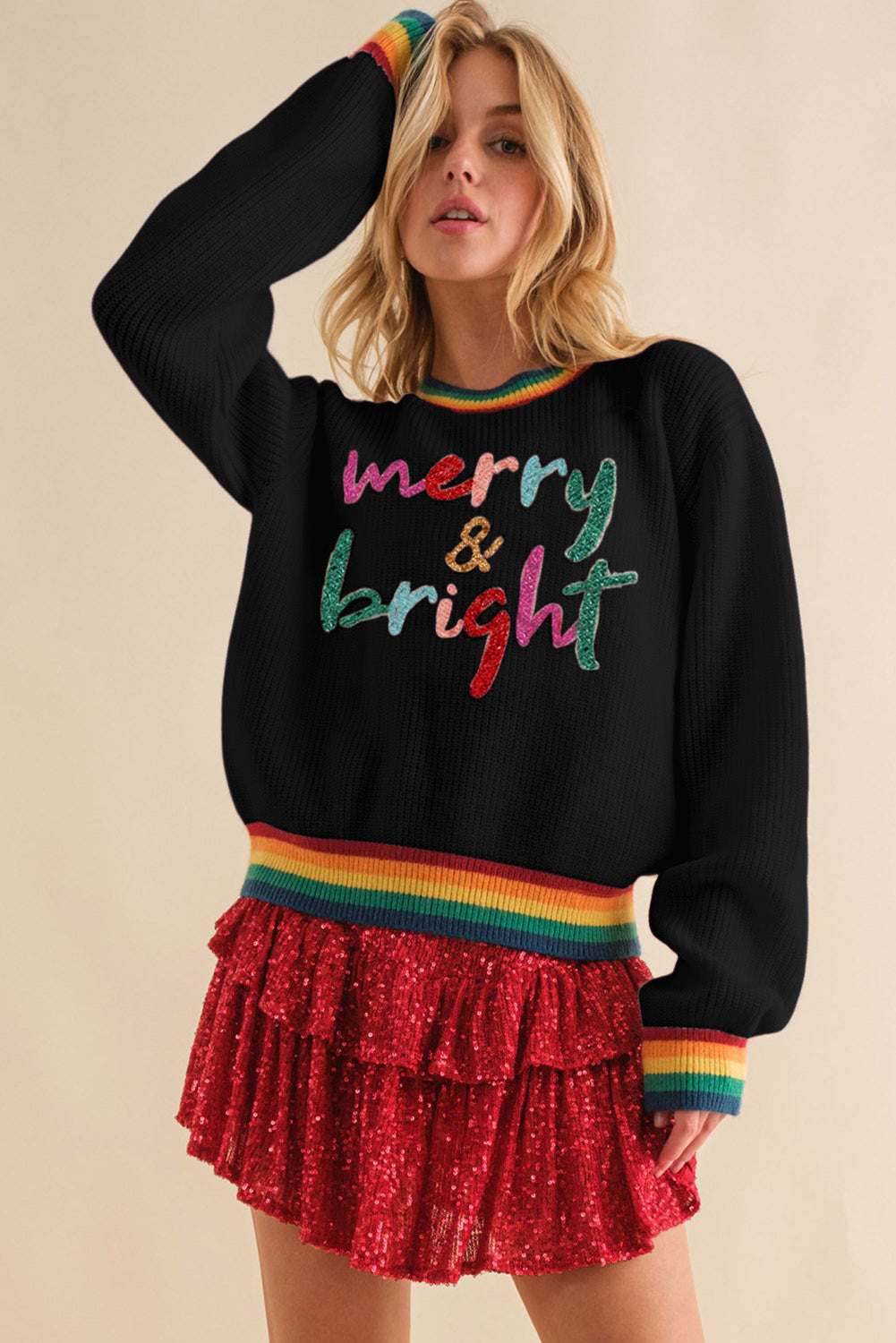 MERRY & BRIGHT Ribbed Round Neck Sweater (ships 2-3 weeks)