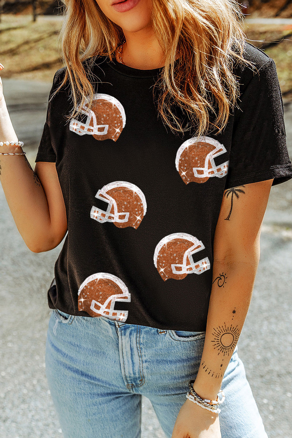 Black Sequin Baseball Helmet Graphic Crewneck T Shirt (ships 2 weeks)