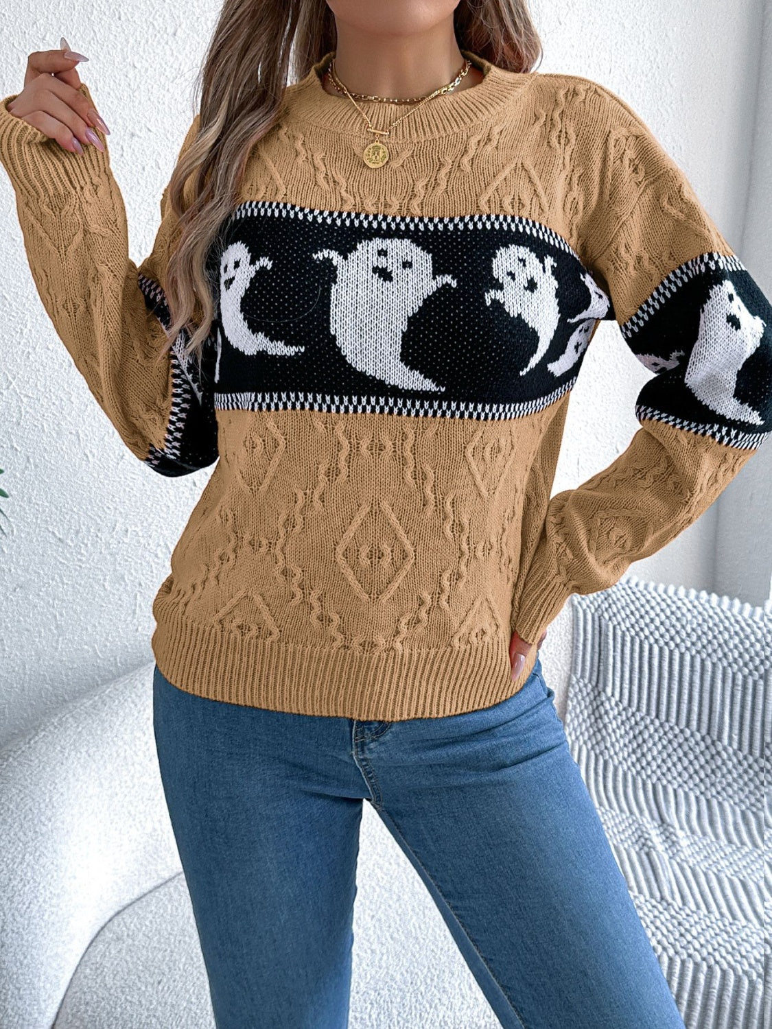 Ghost Round Neck Long Sleeve Sweater ships 2-3 weeks