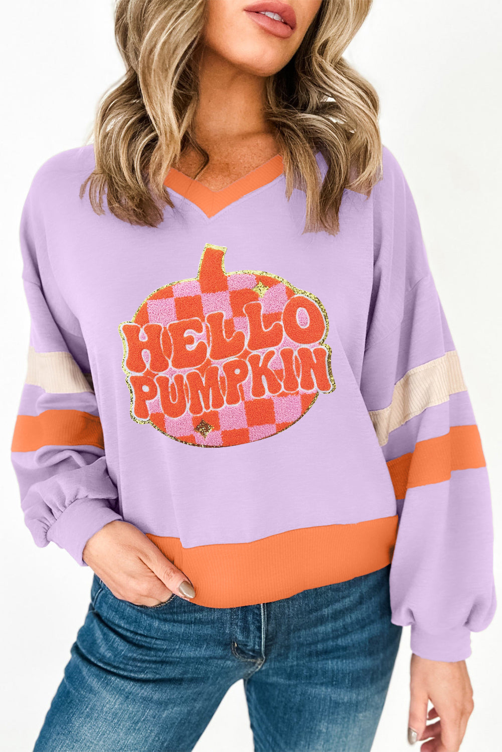 Orchid Bouquet HELLO PUMPKIN Chenille Patch Graphic V Neck Sweatshirt ships 2-3 weeks