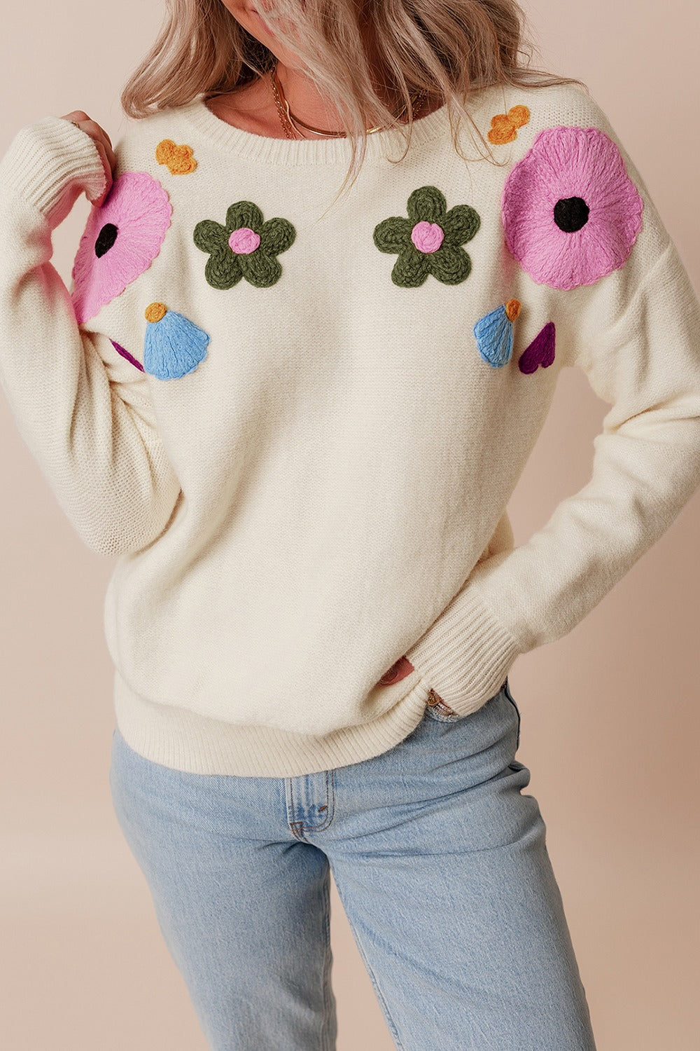 Crochet Flower Round Neck Dropped Shoulder Sweater (ships 1-2 weeks)