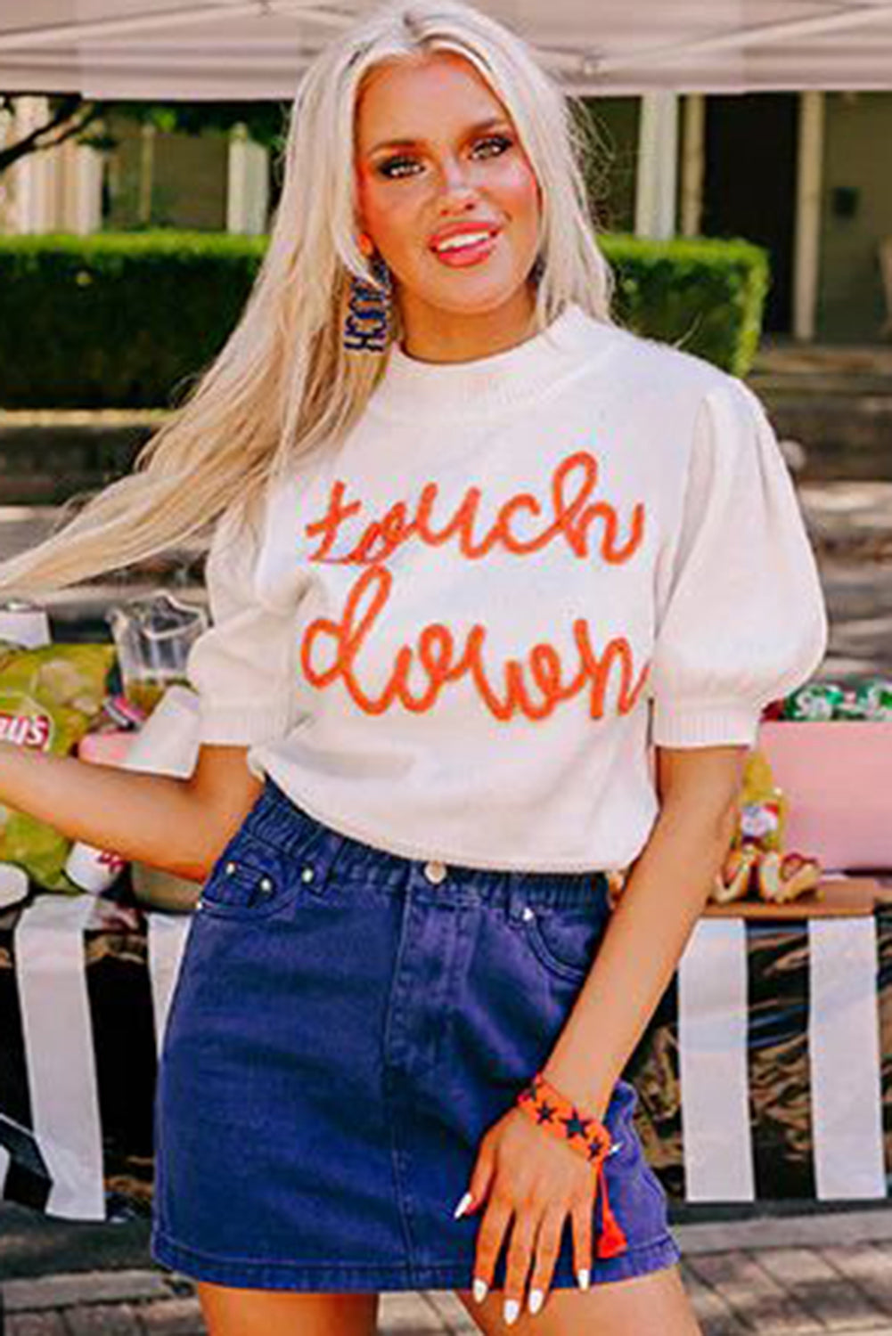 White Touchdown Tinsel Puff Short Sleeve Sweater (ships 1-2 weeks)