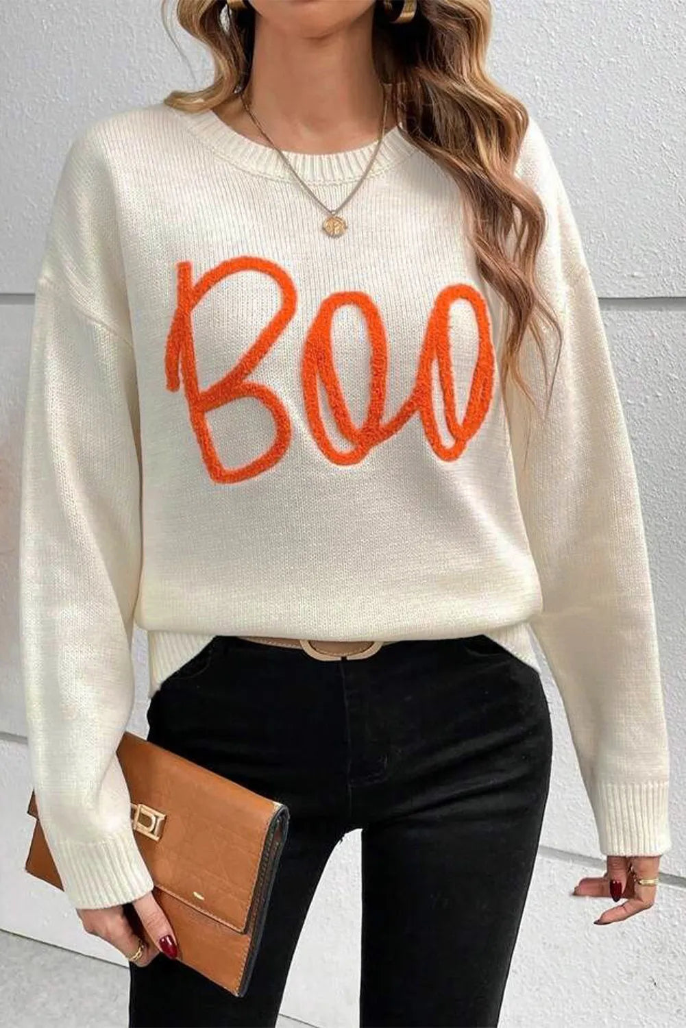 BOO Round Neck Long Sleeve Sweaters ships 2-3 weeks