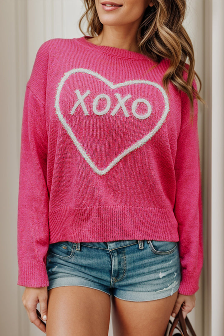 XOXO Heart Round Neck Dropped Shoulder Sweater ships 1-2 weeks