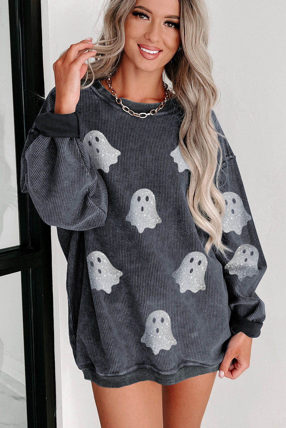 Halloween Ghost Corded Crew Neck Loose Sweatshirt Ships 2-3 weeks