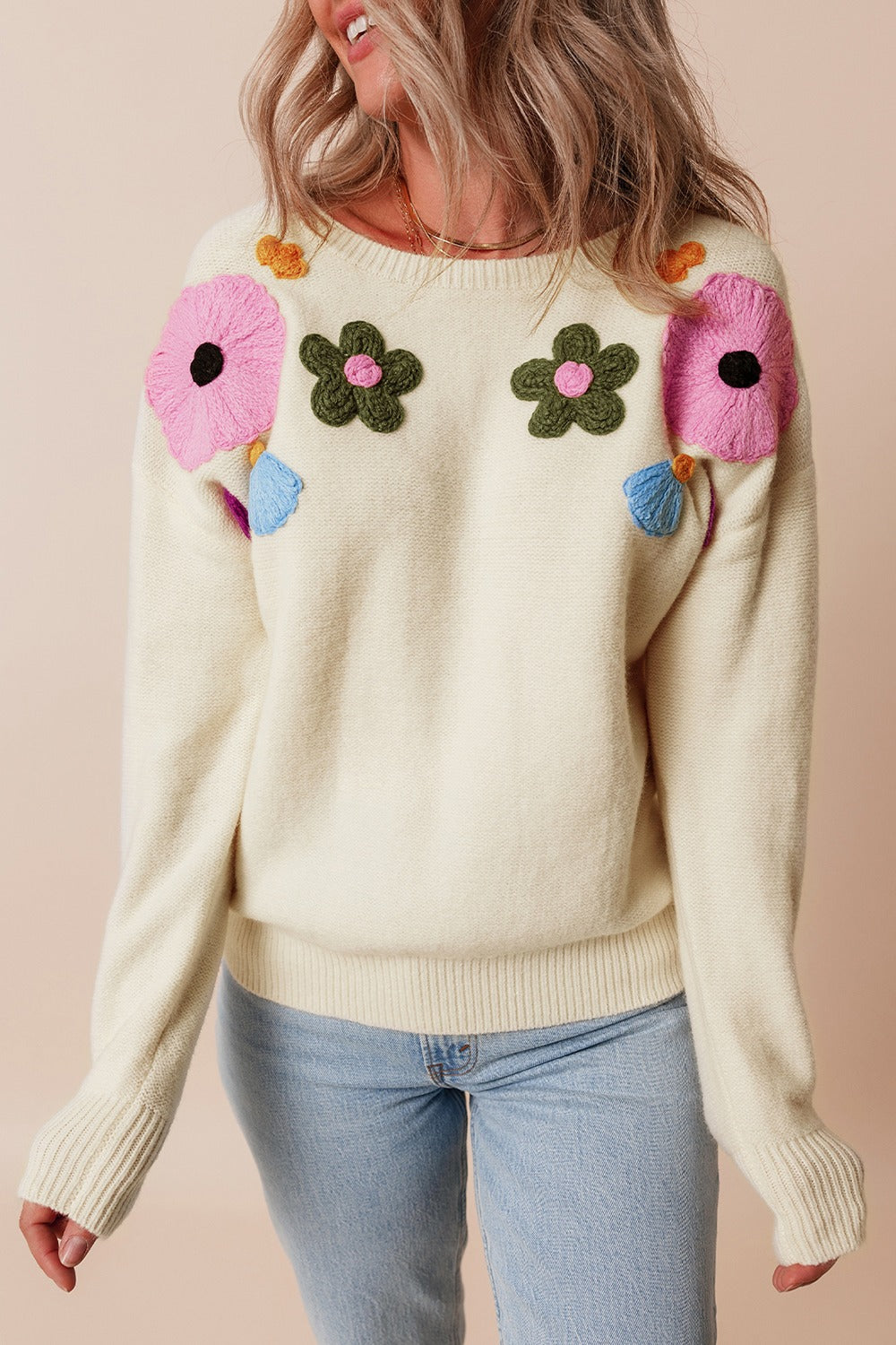 Crochet Flower Round Neck Dropped Shoulder Sweater (ships 1-2 weeks)