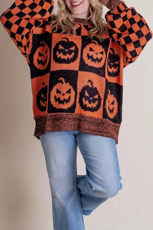 Orange Plaid Print Pumpkin Loose Halloween Sweater PREORDER