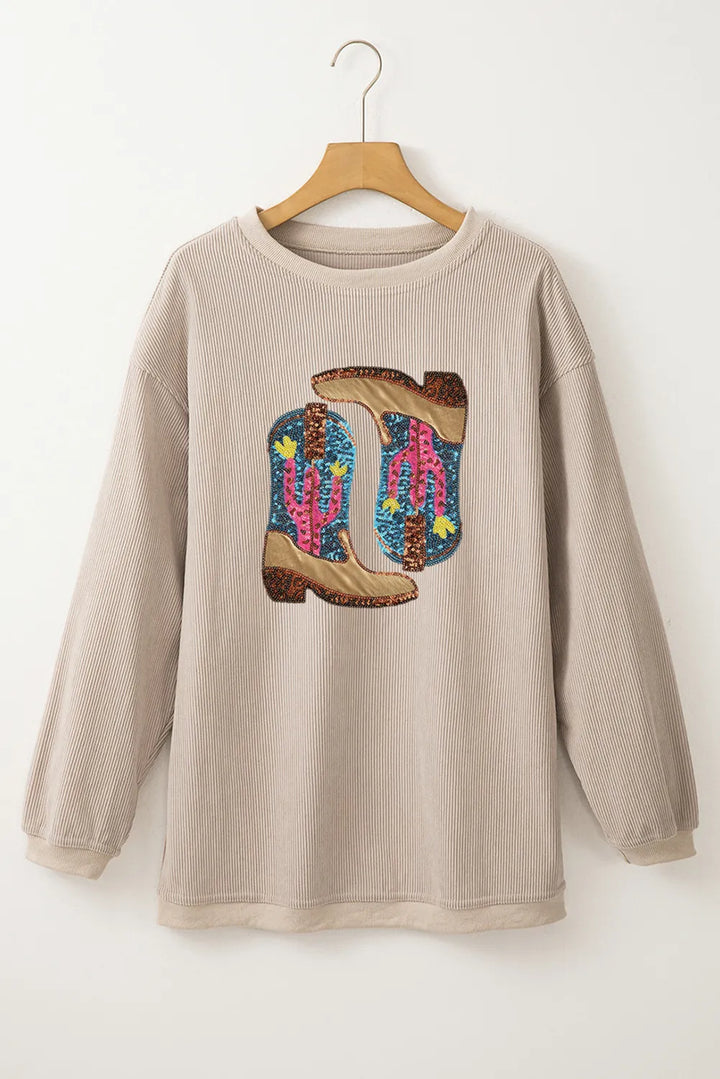 Sequin Cowboy Boot Pullover Oatmeal (ships 1-2 weeks)