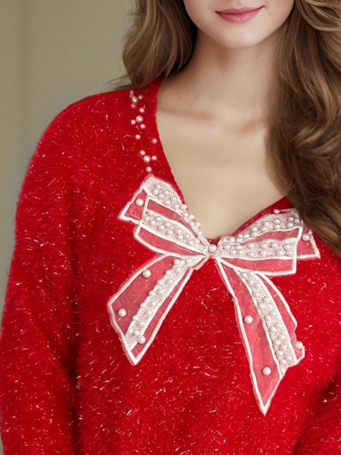 Bow Pearl Detail V-Neck Long Sleeve Sweater (ships 2-3 weeks) 2 colors