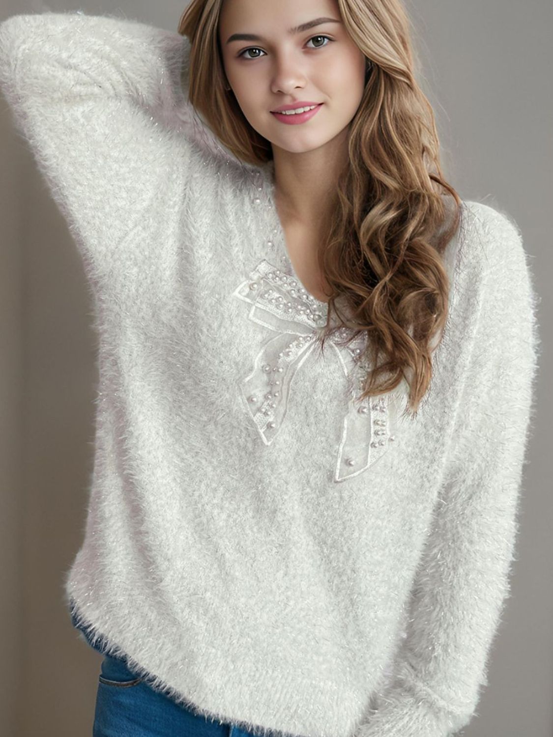 Bow Pearl Detail V-Neck Long Sleeve Sweater (ships 2-3 weeks) 2 colors