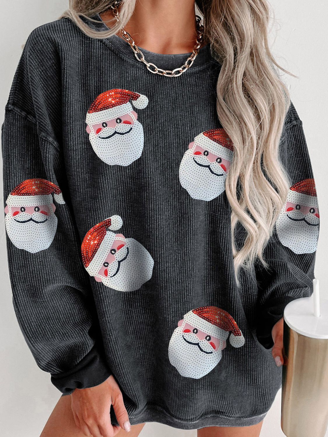 Sequin Santa Patch Ribbed Sweatshirt ships 2 weeks 3 colors