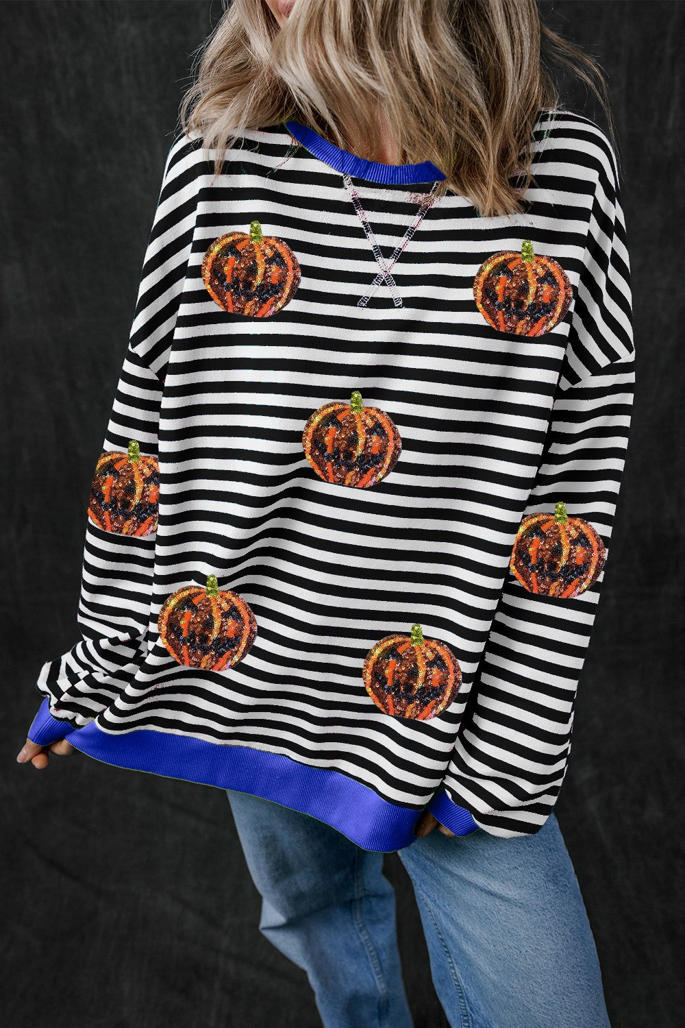 Pumpkin Striped Round Neck Long Sleeve Sweatshirt ships 2 weeks