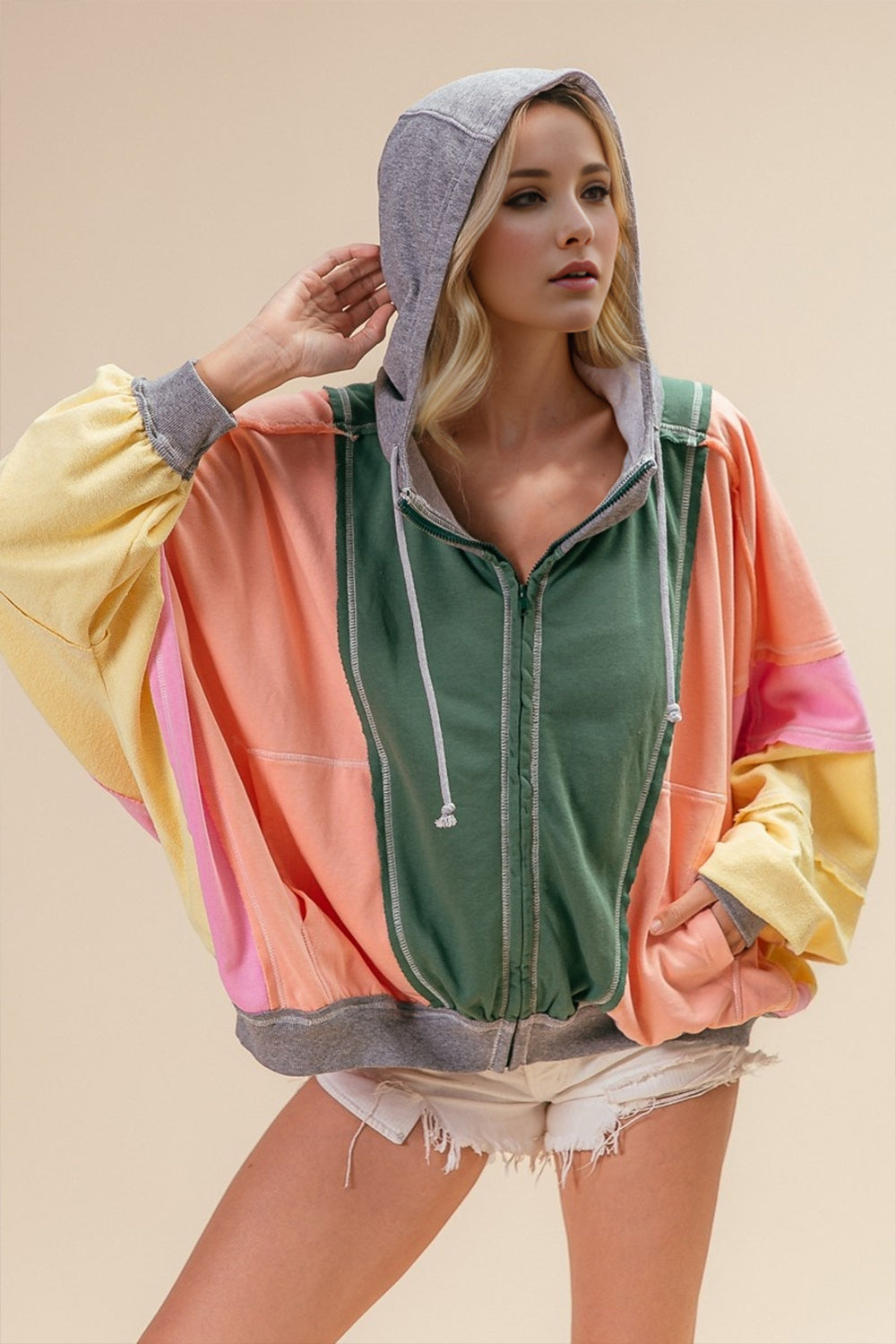 Double Take Full Size Color Block Zip Up Hoodie (ships 2-3 weeks)