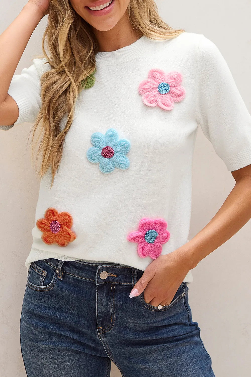 Flower Round Neck Short Sleeve Sweater ships 1-2 weeks