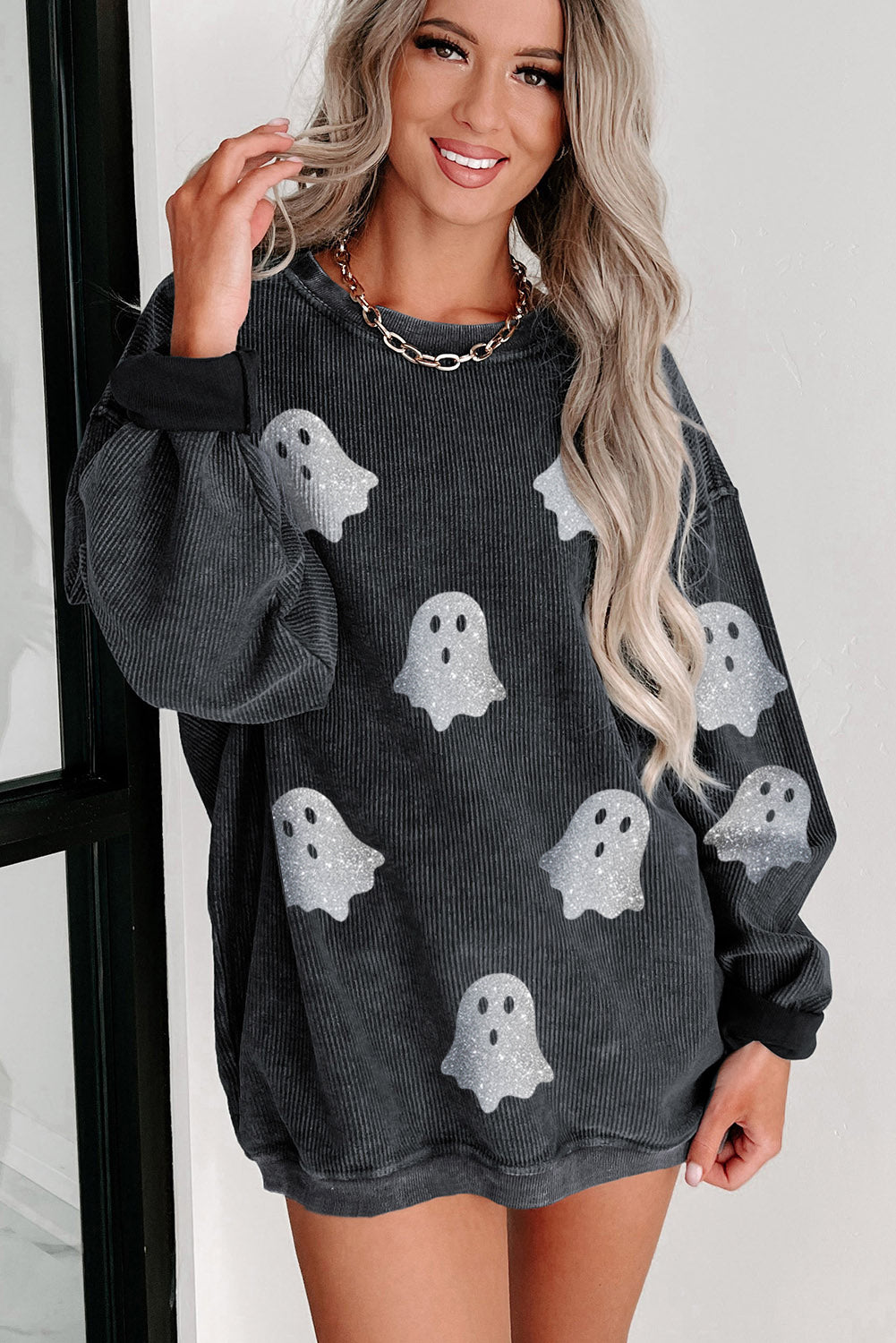 Halloween Ghost Corded Crew Neck Loose Sweatshirt Ships 2-3 weeks