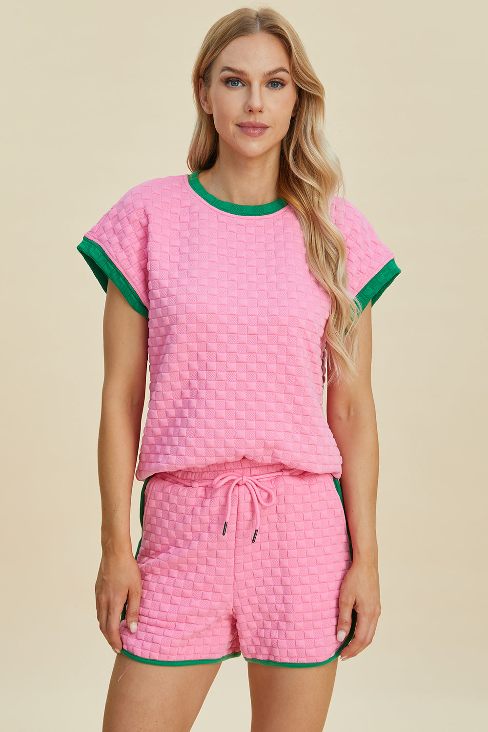 Pink ColorBlock texture Contrast T-Shirt and Shorts Set (ships 1-2 weeks)