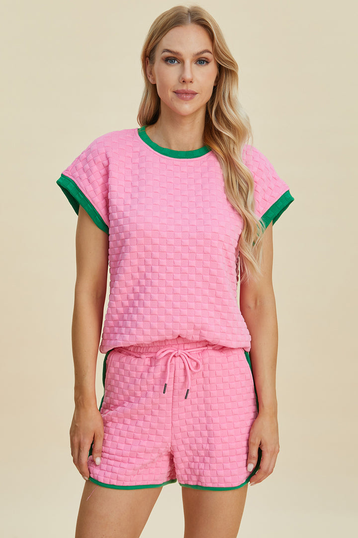 Pink ColorBlock texture Contrast T-Shirt and Shorts Set (ships 1-2 weeks)