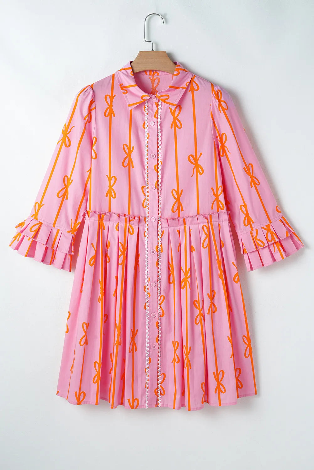 Ruffled Bow Printed Three-Quarter Sleeve Shirt Dress (ships 2-3 weeks)