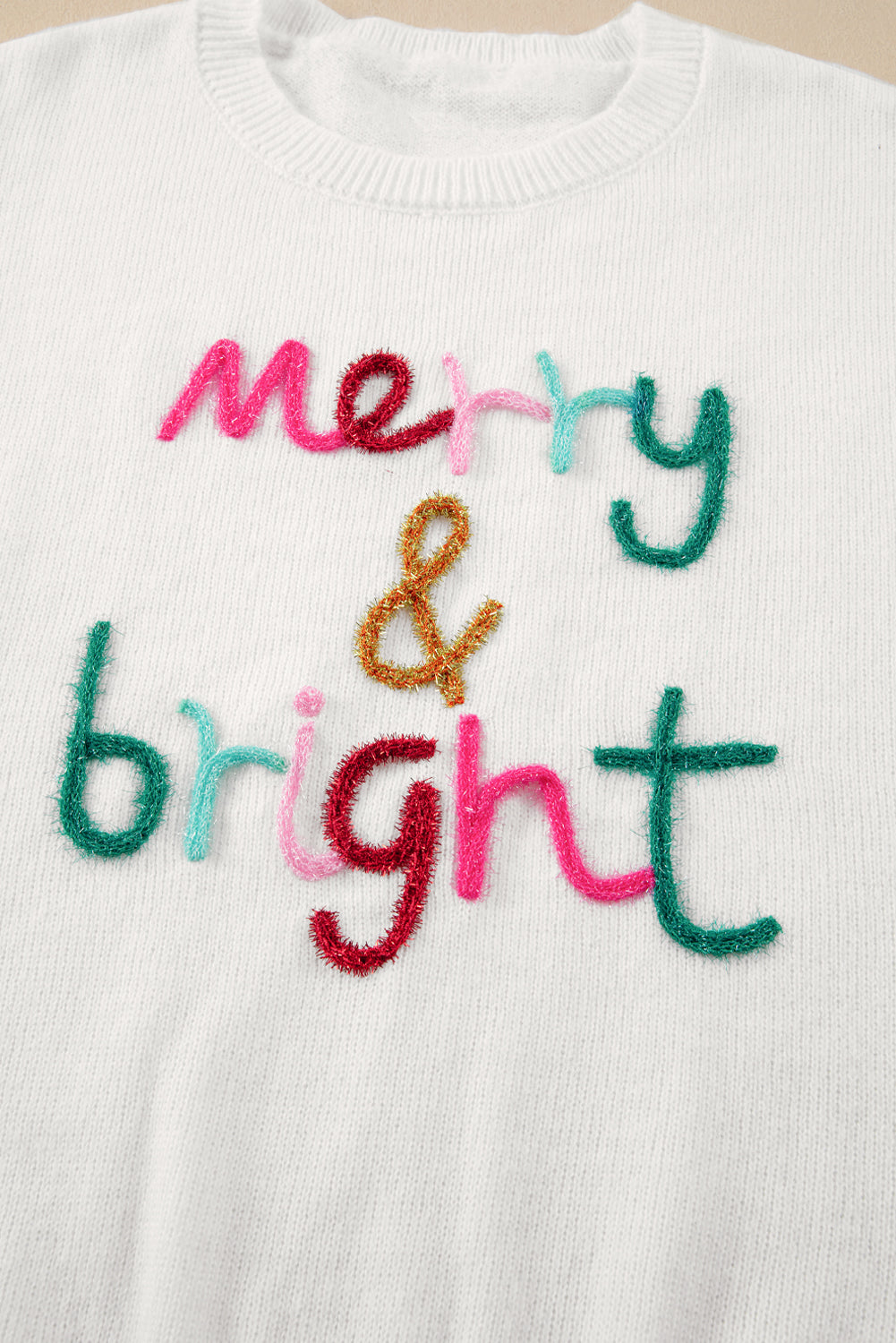 White Glitter Merry & Bright Round Neck Knit Sweater ships 2-3 weeks