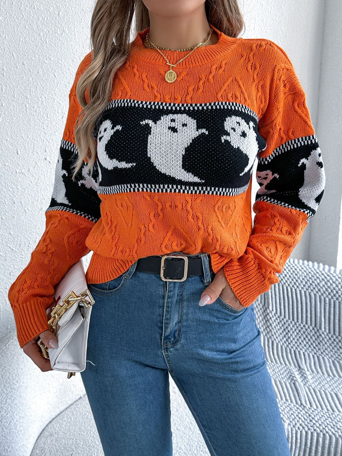 Ghost Round Neck Long Sleeve Sweater ships 2-3 weeks