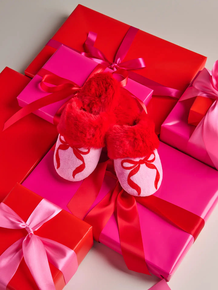 Red Bow Fur Slippers  RTS