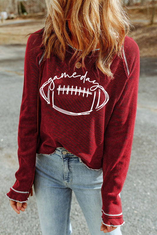 Red Textured Rugby Graphic Contrast Hem Sweatshirt (ships 2 weeks)