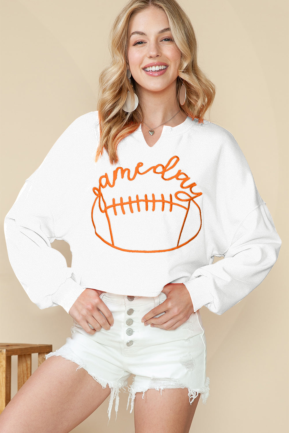 Orange Game Day Lettering Rugby Notched Neck Cropped Sweatshirt (ships 2 weeks)