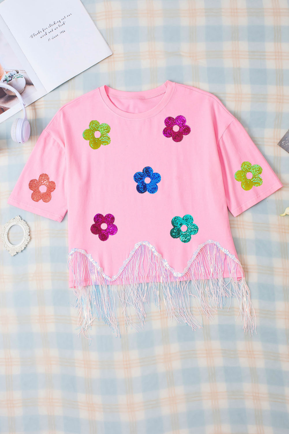 Sequin Flower Round Neck Half Sleeve T-Shirt ships 1-2 weeks