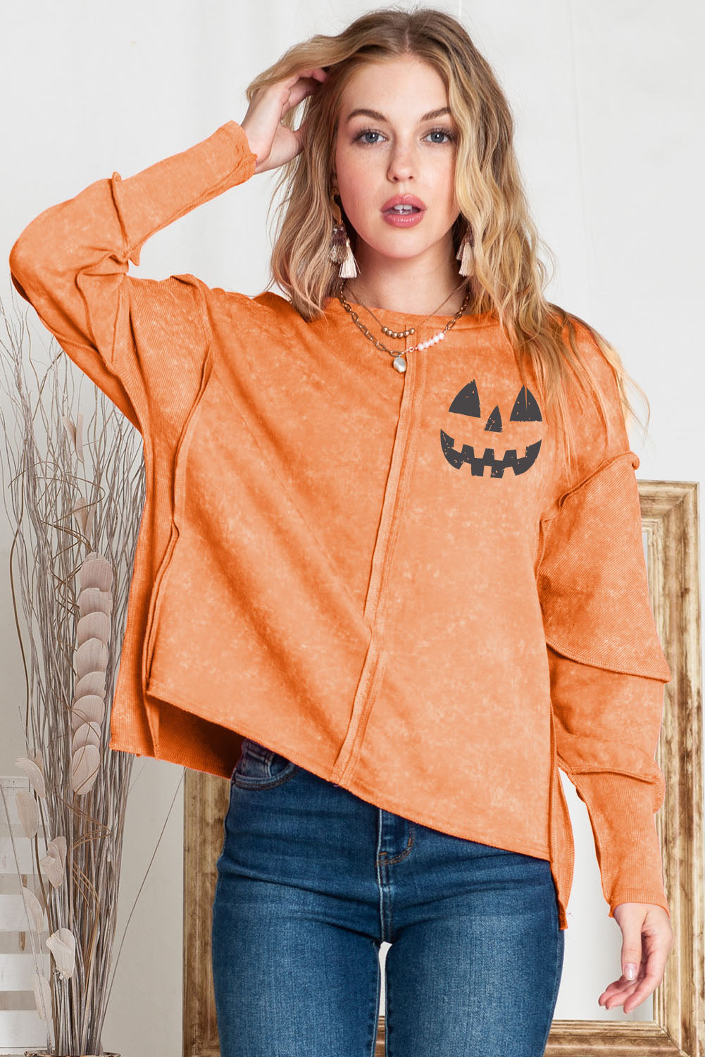 Round Neck Long Sleeve Jack-O'-Lantern Graphic Blouse (ships in 2 weeks)