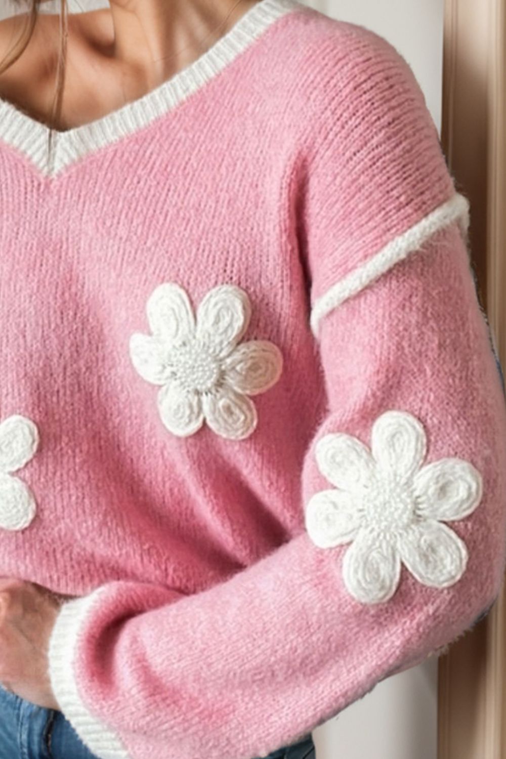 Flower V-Neck Dropped Shoulder Sweater (ships 1-2 weeks)